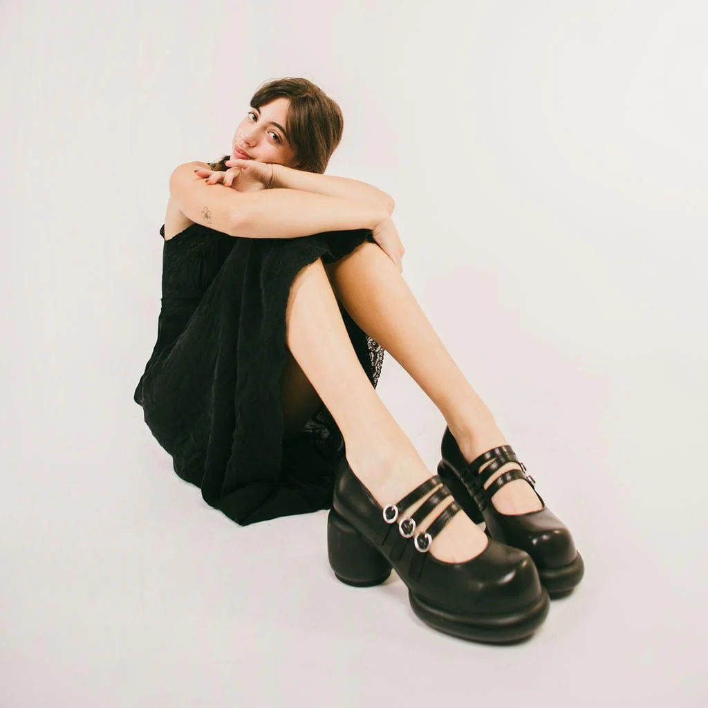 Bubble Heel 3-Strap Mary Janes Black Vegan Leather - Image 2