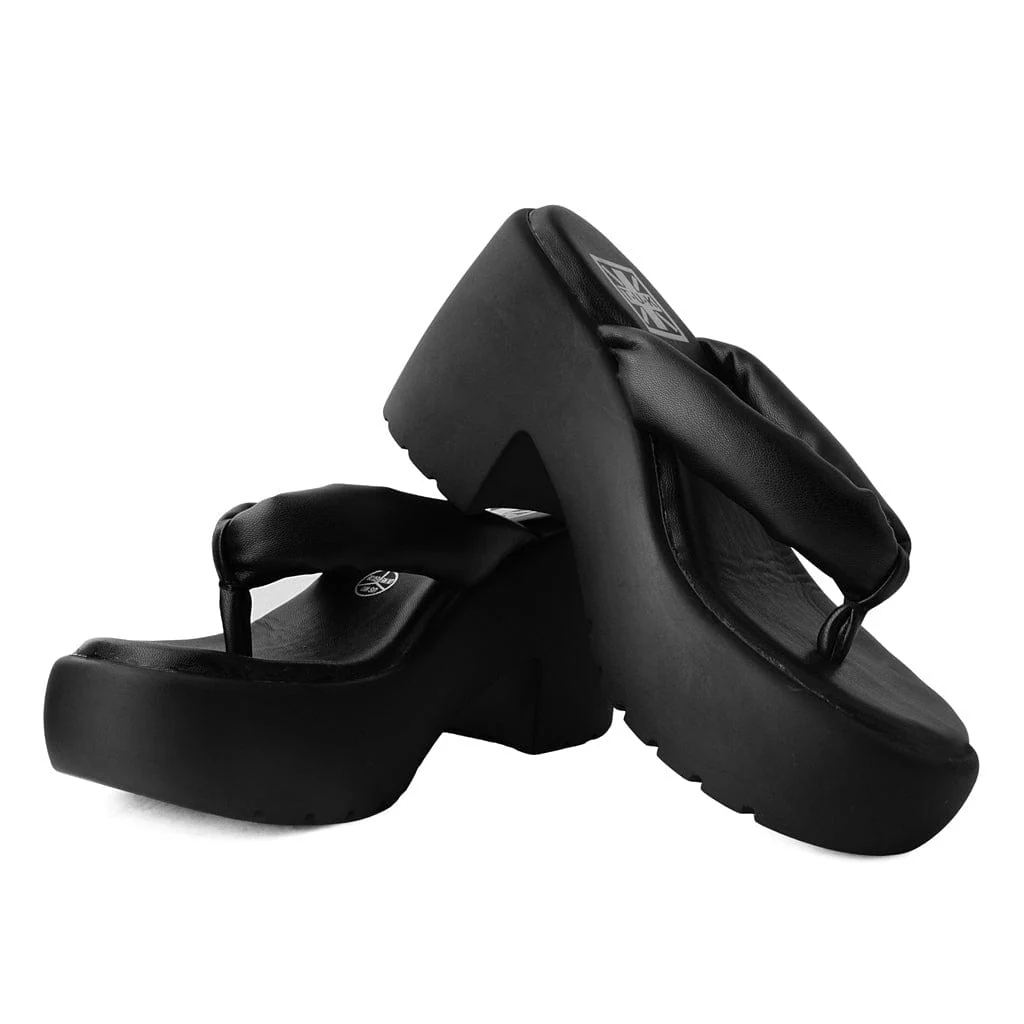 Bubble Heel Platform Thongs Black Vegan Leather - Image 4