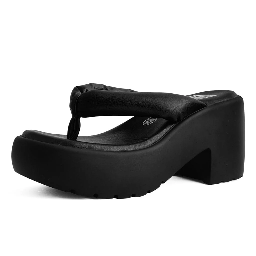 Bubble Heel Platform Thongs Black Vegan Leather - Image 6