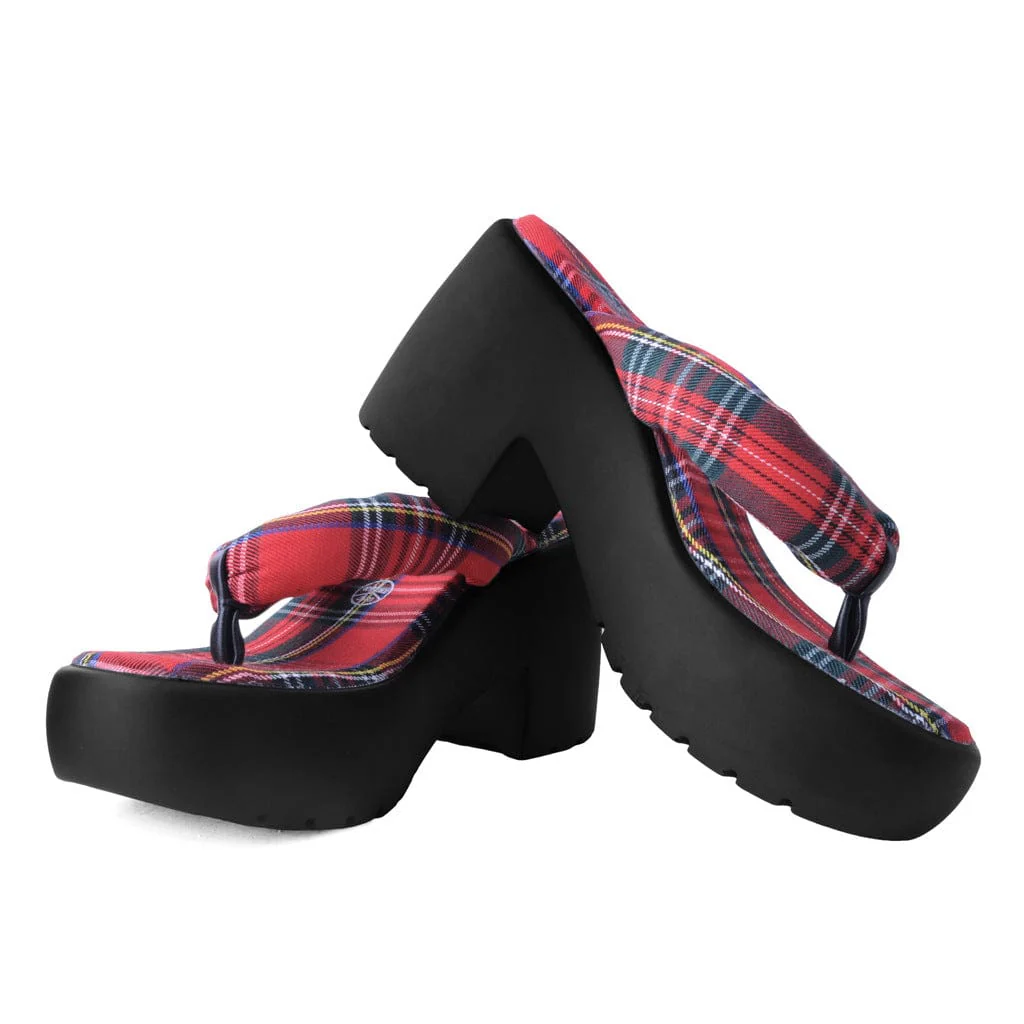 Bubble Heel Platform Thongs Red Tartan - Image 3